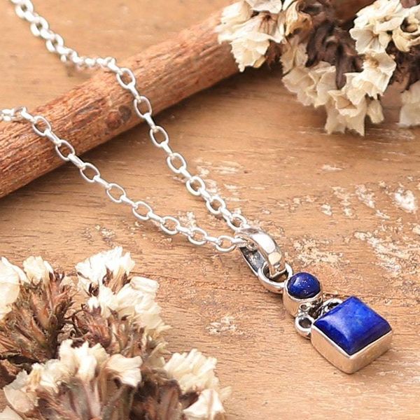Alternate image for Silver Pendant Necklace with Round Square Lapis Lazuli Gems Regal Harmony