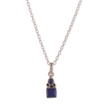Alternate image for Silver Pendant Necklace with Round Square Lapis Lazuli Gems Regal Harmony