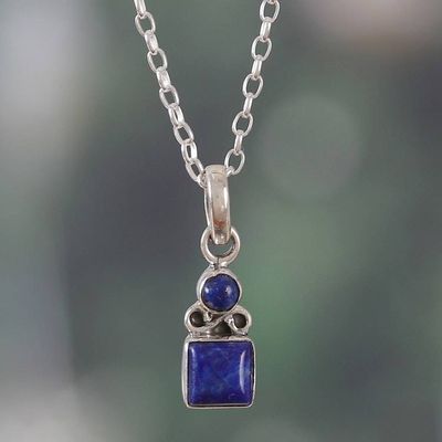 Alternate image for Silver Pendant Necklace with Round Square Lapis Lazuli Gems Regal Harmony