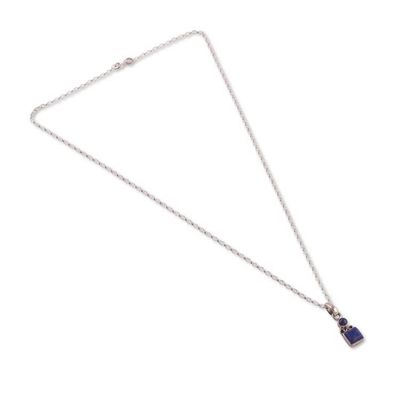 Alternate image for Silver Pendant Necklace with Round Square Lapis Lazuli Gems Regal Harmony