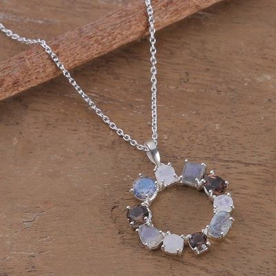 Alternate image for Rainbow Moonstone Smoky Quartz Labradorite Pendant Necklace Posh Wreath of Gems