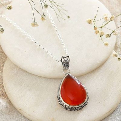Primary image for Silver Pendant Necklace with Natural Carnelian Stone Blazing Brilliance
