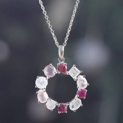 Alternate image for Rainbow Moonstone Rose Quartz Garnet Silver Pendant Necklace Vibrant Wreath of Gems