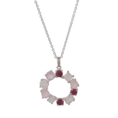 Alternate image for Rainbow Moonstone Rose Quartz Garnet Silver Pendant Necklace Vibrant Wreath of Gems