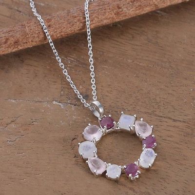 Alternate image for Rainbow Moonstone Rose Quartz Garnet Silver Pendant Necklace Vibrant Wreath of Gems