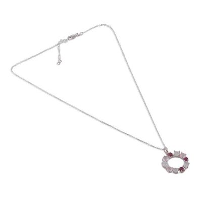 Alternate image for Rainbow Moonstone Rose Quartz Garnet Silver Pendant Necklace Vibrant Wreath of Gems