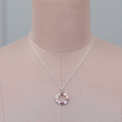 Alternate image for Rainbow Moonstone Rose Quartz Garnet Silver Pendant Necklace Vibrant Wreath of Gems