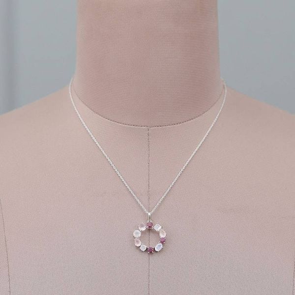 Alternate image for Rainbow Moonstone Rose Quartz Garnet Silver Pendant Necklace Vibrant Wreath of Gems
