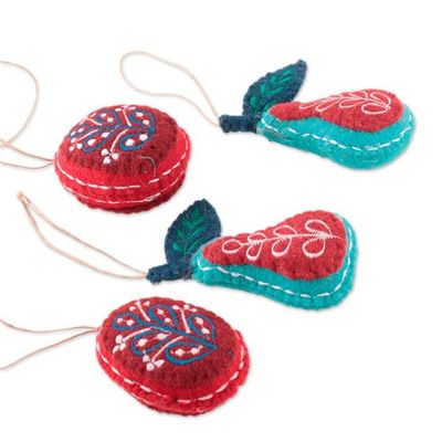 Alternate image for Fruit-Themed Embroidered 4-Piece 100 Wool Felt Ornament Set Nature Glory