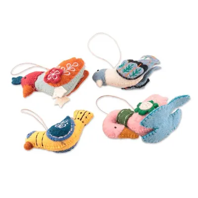Alternate image for Bird-Themed 4-Piece Embroidered 100 Wool Felt Ornament Set Whimsical Birds