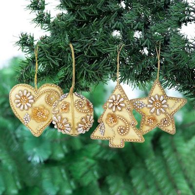 Primary image for Handmade Gold Beaded Holiday Ornaments Set of 4 Bollywood Holiday