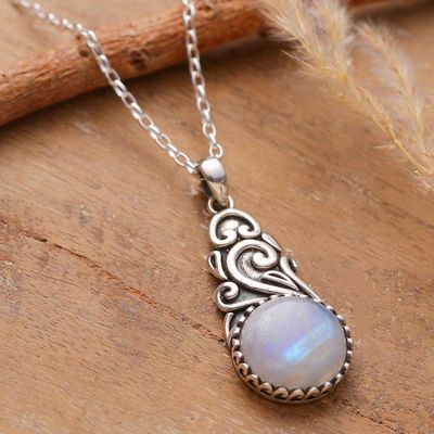 Alternate image for Swirl Vine-Themed Rainbow Moonstone Silver Pendant Necklace Misty Bloom