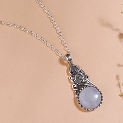 Alternate image for Swirl Vine-Themed Rainbow Moonstone Silver Pendant Necklace Misty Bloom
