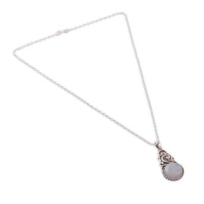 Alternate image for Swirl Vine-Themed Rainbow Moonstone Silver Pendant Necklace Misty Bloom