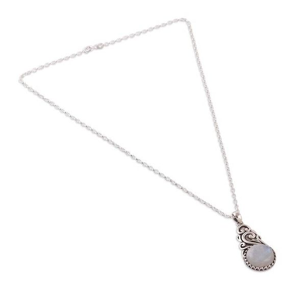 Alternate image for Swirl Vine-Themed Rainbow Moonstone Silver Pendant Necklace Misty Bloom