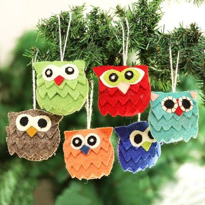 Primary image for Handmade Wool Owl-Motif Holiday Ornaments Set of 6 Merry Hoots
