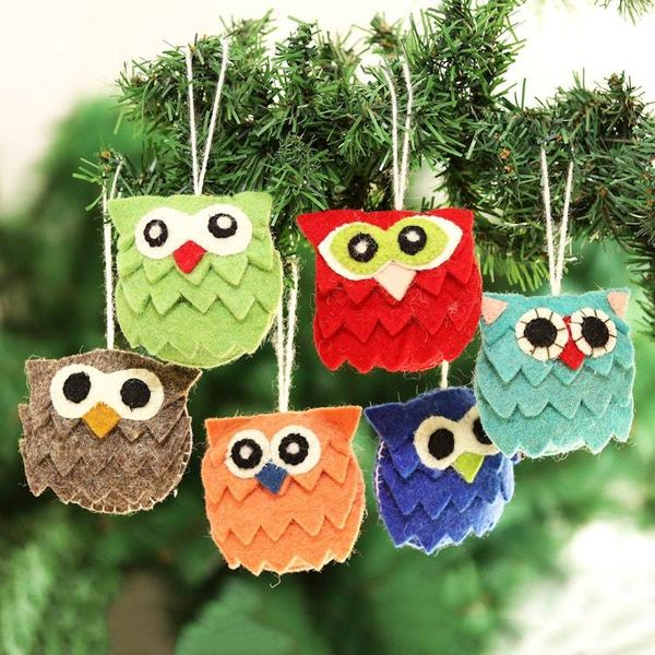 Alternate image for Handmade Wool Owl-Motif Holiday Ornaments Set of 6 Merry Hoots