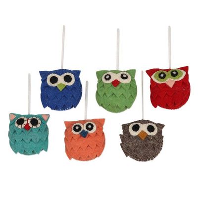 Alternate image for Handmade Wool Owl-Motif Holiday Ornaments Set of 6 Merry Hoots