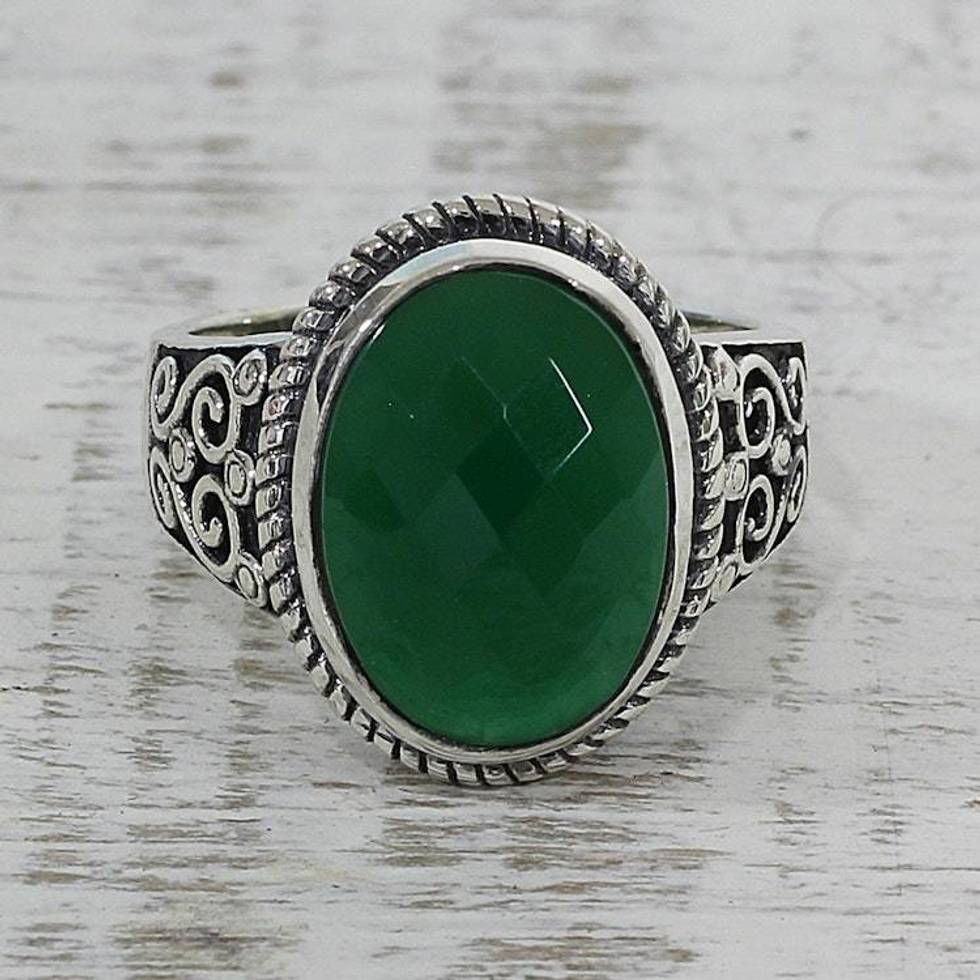 Green Onyx and Sterling Silver Cocktail Ring from India 'Green Gleam'