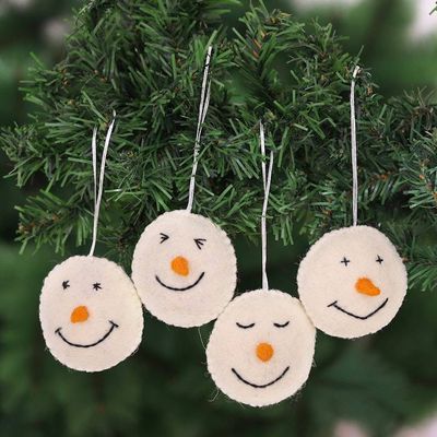 Primary image for Set of 4 Smiling Snowmen Wool Felt Ornaments Smiling Snowmen