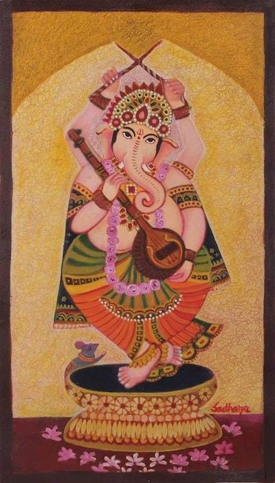 Image for Indian Oil on Canvas Painting of Lord Ganesha Dancing Dancing Ganesha II