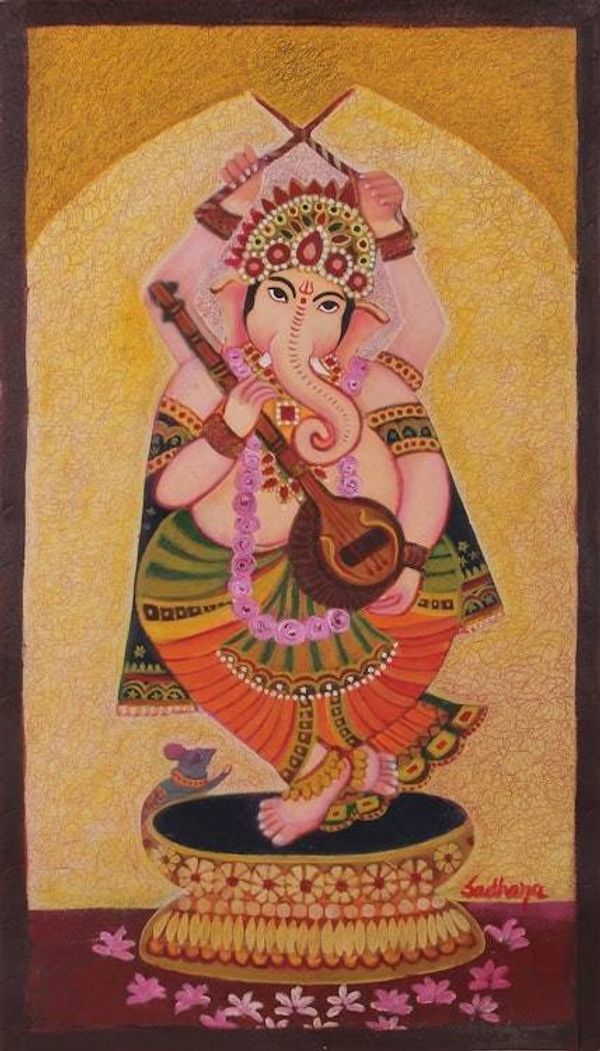 Image for Indian Oil on Canvas Painting of Lord Ganesha Dancing Dancing Ganesha II