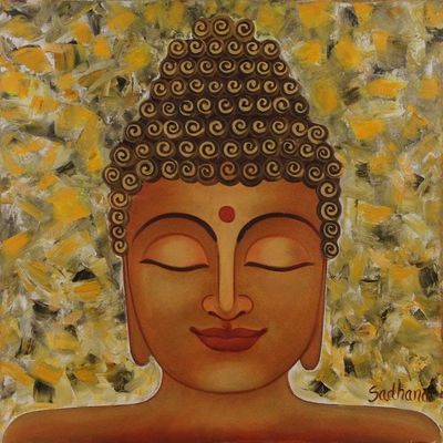 Image for Original Lord Buddha Oil on Canvas Painting from India Golden Buddha II