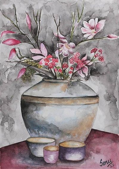 Alternate image for Signed Stretched Impressionist Watercolor Painting of Vase Ceramics