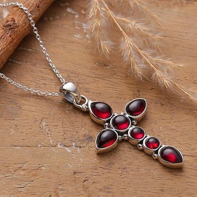 Primary image for Indian-Made Natural Garnet Cabochon Cross Pendant Necklace Sacred Passion