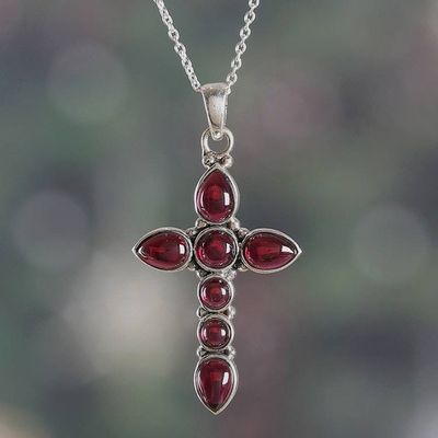 Alternate image for Indian-Made Natural Garnet Cabochon Cross Pendant Necklace Sacred Passion