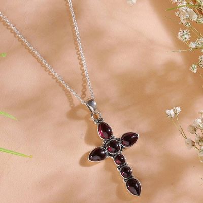 Alternate image for Indian-Made Natural Garnet Cabochon Cross Pendant Necklace Sacred Passion
