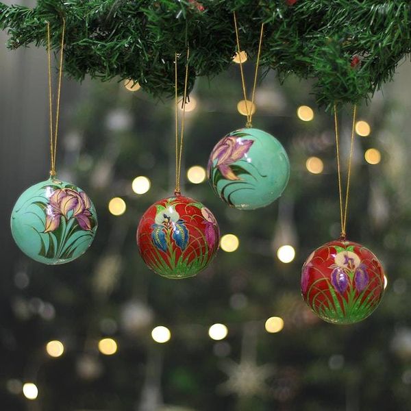 Alternate image for 4 Floral-Themed Painted Papier Mache Christmas Ornaments Floral Joy