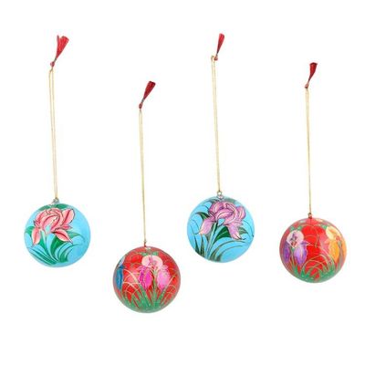 Alternate image for 4 Floral-Themed Painted Papier Mache Christmas Ornaments Floral Joy
