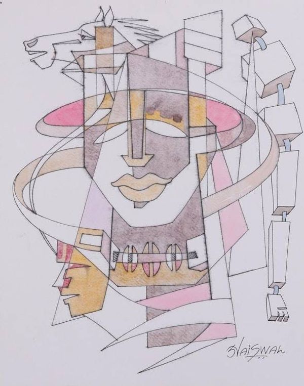 Alternate image for Signed Modern Cubist Painting by an Indian Artist Sky the Limit