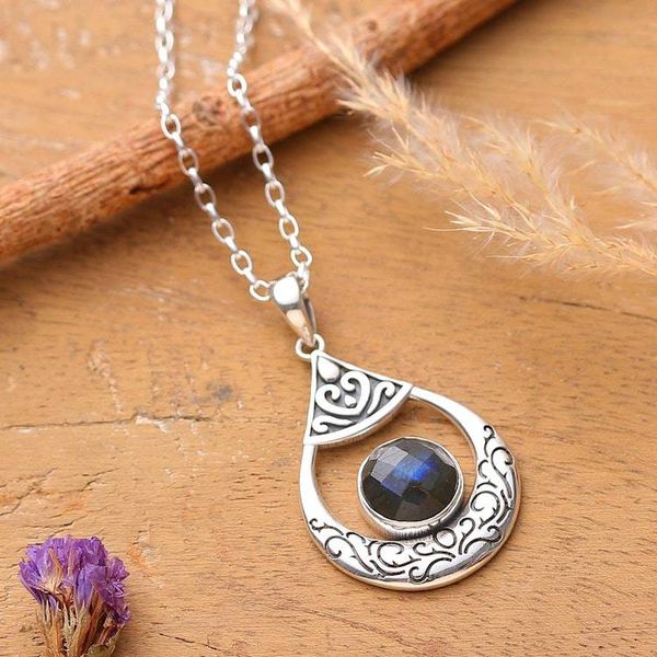 Alternate image for Bohemian Silver Necklace with Natural Labradorite Pendant Regal Luxe