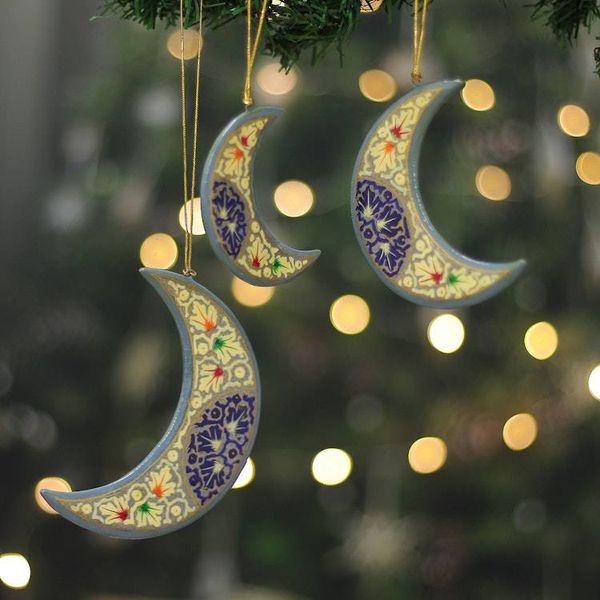 Alternate image for 3 Crescent Moon Kashmiri Folk Art-Themed Wood Ornaments Kashmir Moons