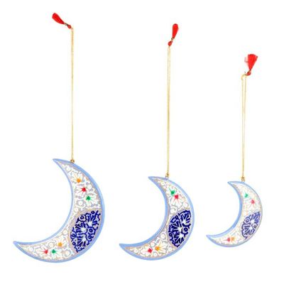 Alternate image for 3 Crescent Moon Kashmiri Folk Art-Themed Wood Ornaments Kashmir Moons