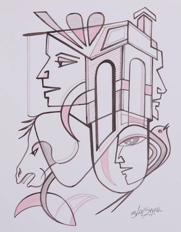 Alternate image for Modern Black and White Cubist Painting from India Modern Life