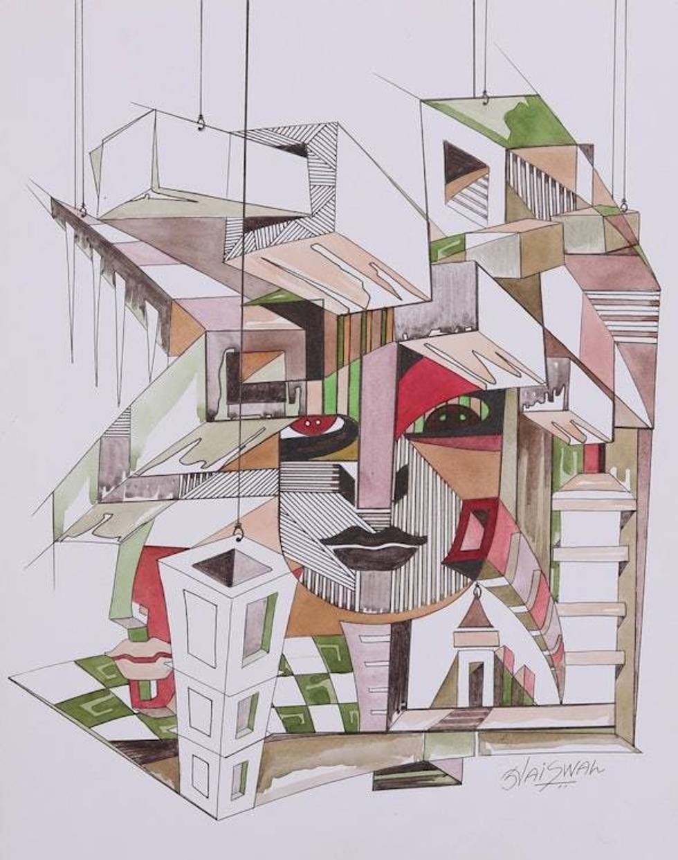 Colorful Modern Cubist Painting from India 'Materialism'