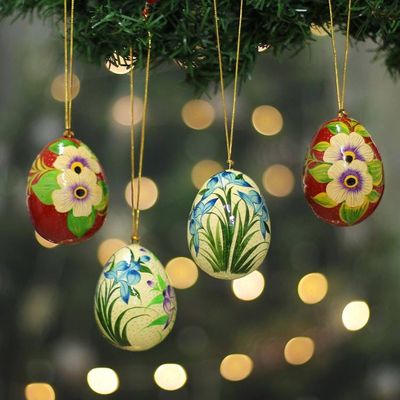 Primary image for 4 Papier Mache Ornaments with Hand-Painted Floral Motifs Floral Cheers