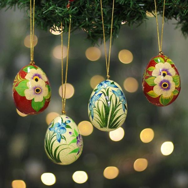 Alternate image for 4 Papier Mache Ornaments with Hand-Painted Floral Motifs Floral Cheers