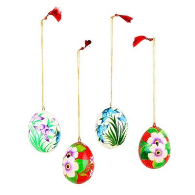 Alternate image for 4 Papier Mache Ornaments with Hand-Painted Floral Motifs Floral Cheers