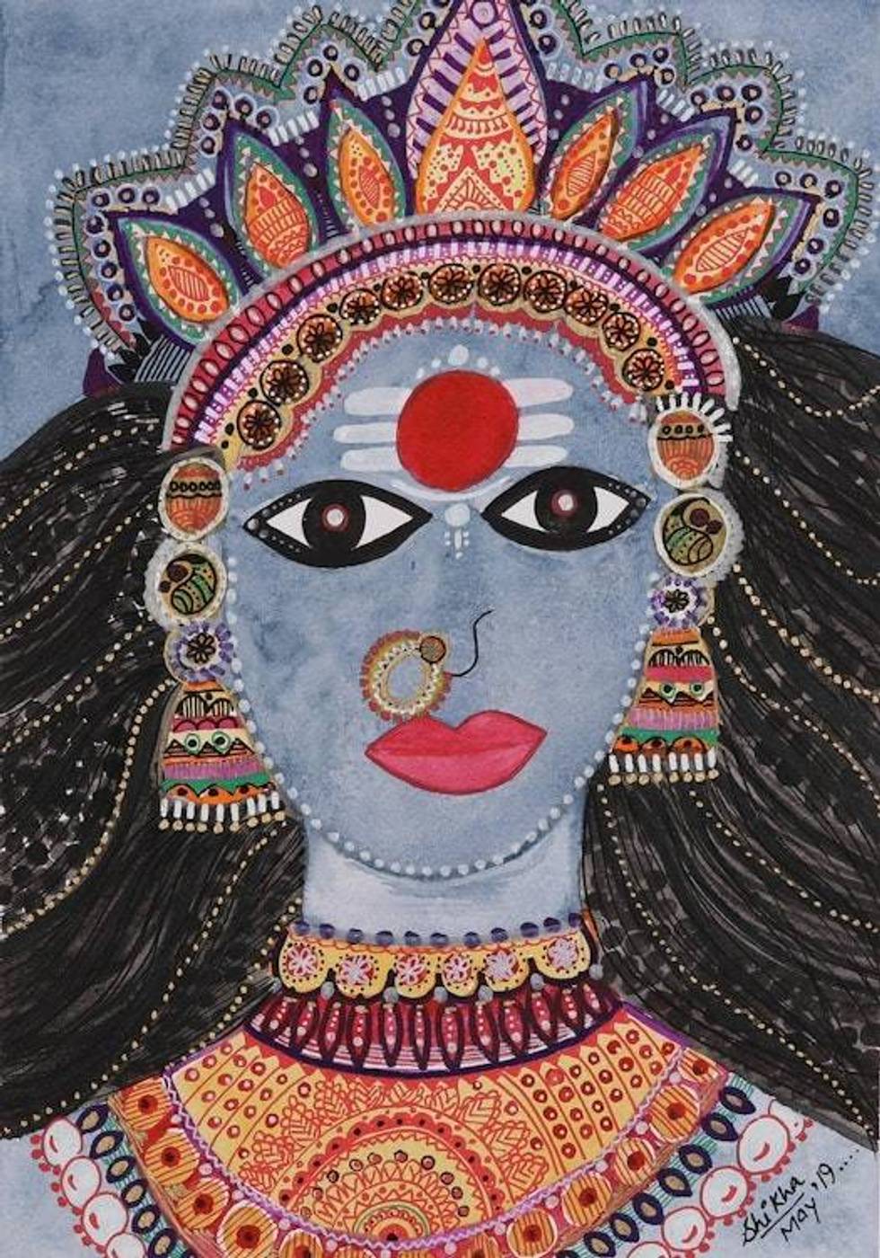 Hindu Folk Art Painting of Parvati from India 'Parvati Roop Form'