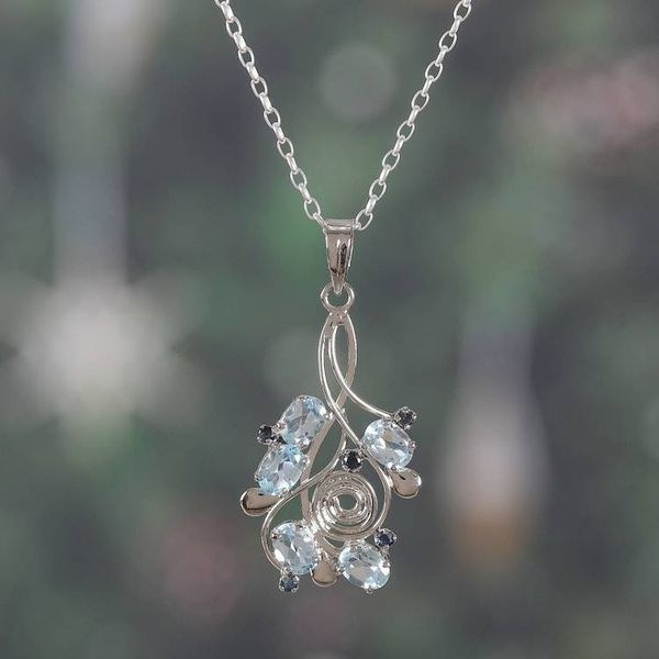 Alternate image for Rhodium-Plated Blue Topaz and Sapphire Pendant Necklace Sparkling Berries