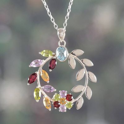Main image for Multi-Gemstone Silver Necklace with Floral and Leaf Pendant Luxurious Garden