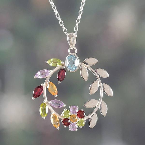Alternate image for Multi-Gemstone Silver Necklace with Floral and Leaf Pendant Luxurious Garden