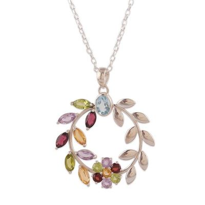 Alternate image for Multi-Gemstone Silver Necklace with Floral and Leaf Pendant Luxurious Garden