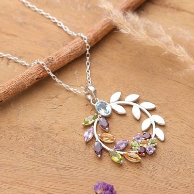Alternate image for Multi-Gemstone Silver Necklace with Floral and Leaf Pendant Luxurious Garden
