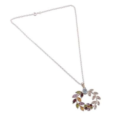 Alternate image for Multi-Gemstone Silver Necklace with Floral and Leaf Pendant Luxurious Garden