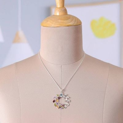 Alternate image for Multi-Gemstone Silver Necklace with Floral and Leaf Pendant Luxurious Garden